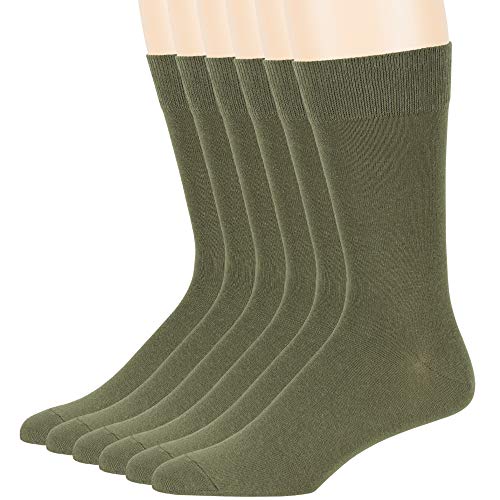 7BigStars Men Dress Socks 6 Pairs Olive Green Cotton Crew Set for Size 10-13 Classic Stay Up Fit for Business Soft and Breathable Everyday Socks for Men