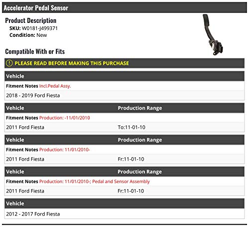 Accelerator Pedal Sensor and Pedal Assembly - Compatible with 2011-2019 Ford Fiesta