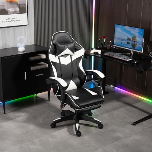Panana Gaming Racing Desk Chair Adjustable Hight Swivel Chair with Lumbar and Head Pillow (White) - Image 3