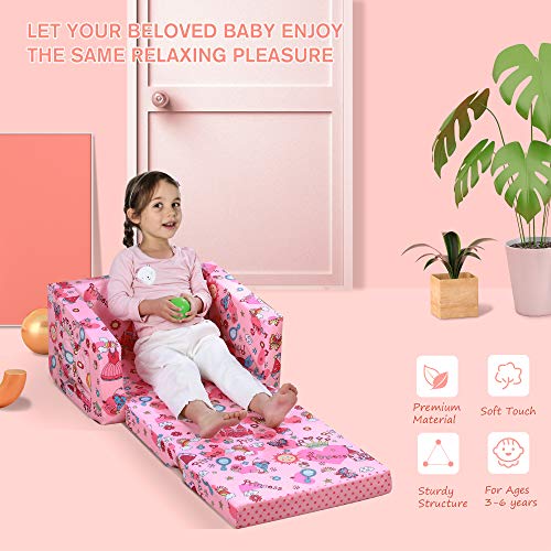 Qaba Kids Fold-Out Couch/Chair Lounger with Space-Themed Washable Fabric & Removable Cushion for 3-6 Years Old, Pink - Image 5