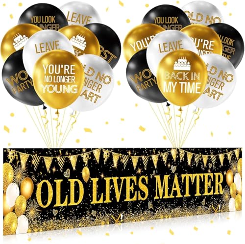 OLD LIVES MATTER Party Decorations Black Gold Funny Birthday Banner and 18 Pcs Old Men Balloons for 30th 40th 50th 60th 70th 80th 90th Birthday Retirement Yard Backdrop Supplies Outdoor Indoor