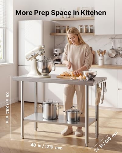 Image of VEVOR Stainless Steel Work Table, 24x48 Inch Food Prep Table with Backsplash, Commercial Kitchen Workstation with Adjustable Undershelf, Metal Heavy Duty Utility Worktable, for Restaurant Home Outdoor