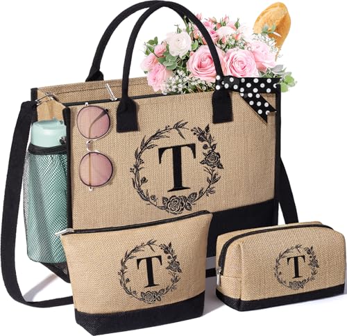 Image of Personalized Birthday Gifts for Women, Monogrammed Initial Jute Tote Bags
