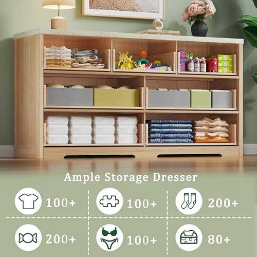 Image of Fluted Dresser for Bedroom with 7 Drawers, 53 inch Wide Mid Century Modern Dressers with Faux Marble Top & Metal Handle, Wooden Chest of Drawers TV Stand, Natural Wood Closet Storage Organizer,Natural Oak