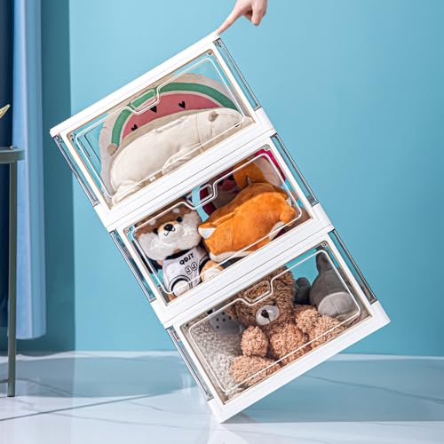 Hybrideas 3-Pack Clear Stackable Storage Bins With Lids Magnetic Doors Open Front Foldable Folding Plastic Craft Containers Large Closet Organizers Box For Bedrooms Living Rooms Study Kids' Toys 24 Qt thumb #6
