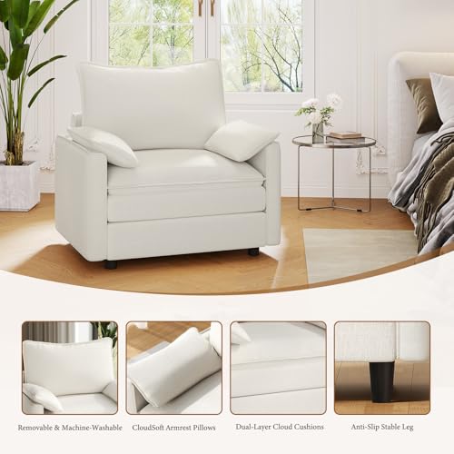 Image of Vesgantti 40 inch Single Seat Sofa, Comfy Cloud Couch Deep Seat Upholstered Couch Chenille Modern Sofa with Armrest Pillow, Easy Assembly for Living Room, Bedroom and Apartment, Snow White