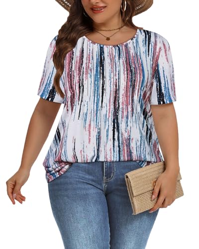 Image of Plus Size Tops for Women Pleated Summer Top Trendy Short Sleeve Shirts Casual Basic Tee Crew Neck Blouses 2026