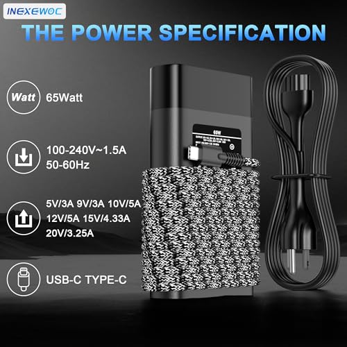Image of Slim 65W USB C Charger Compatible with HP Chromebook,Elite x2,ProBook,Elitebook x360,Elitebook,Spectre X360,Spectre,Envy X360,Type C Fast Charging Power Cord Ac Adapter
