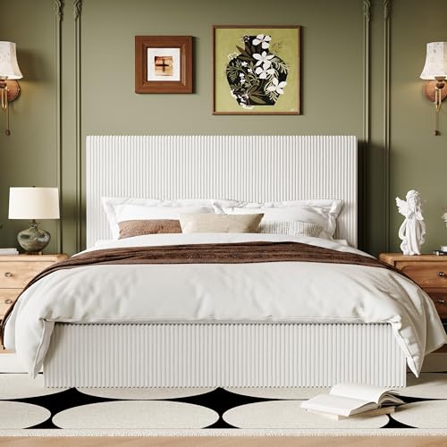Image of Allewie Full Bed Frame, Adjustable Corduroy Headboard, Platform, White | Adjustable Headboard, Corduroy Fabric, Low Profile, Wooden Slats, 800 lb Capacity, No Box Spring Needed