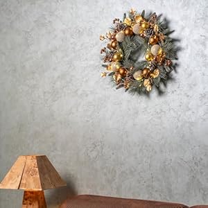 YULETIME 20 inch Christmas Wreath Battery Operated Holiday Wreath with 20 Fairy Lights Golden Baubles Golden Berries Pine Cones Golden Leaves Frosted Spruce Branches and Pine Needles Gold