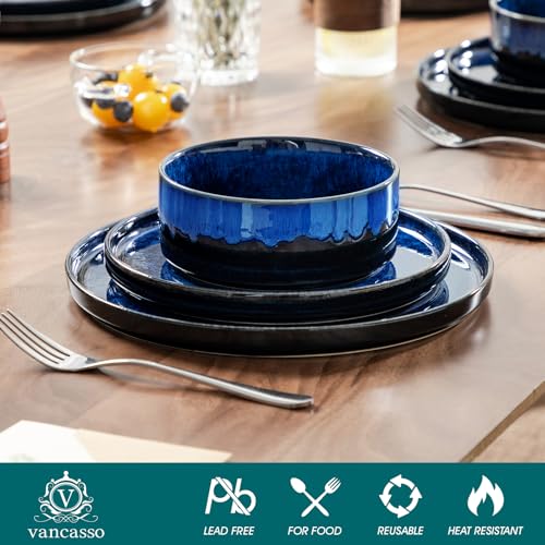 Image of vancasso Plates and Bowls Sets for 6, 18 Pieces Blue Dinnerware Sets for Kitchen, Modern Stoneware Dishes Set, Dishwasher and Microwave Safe, Series Starry