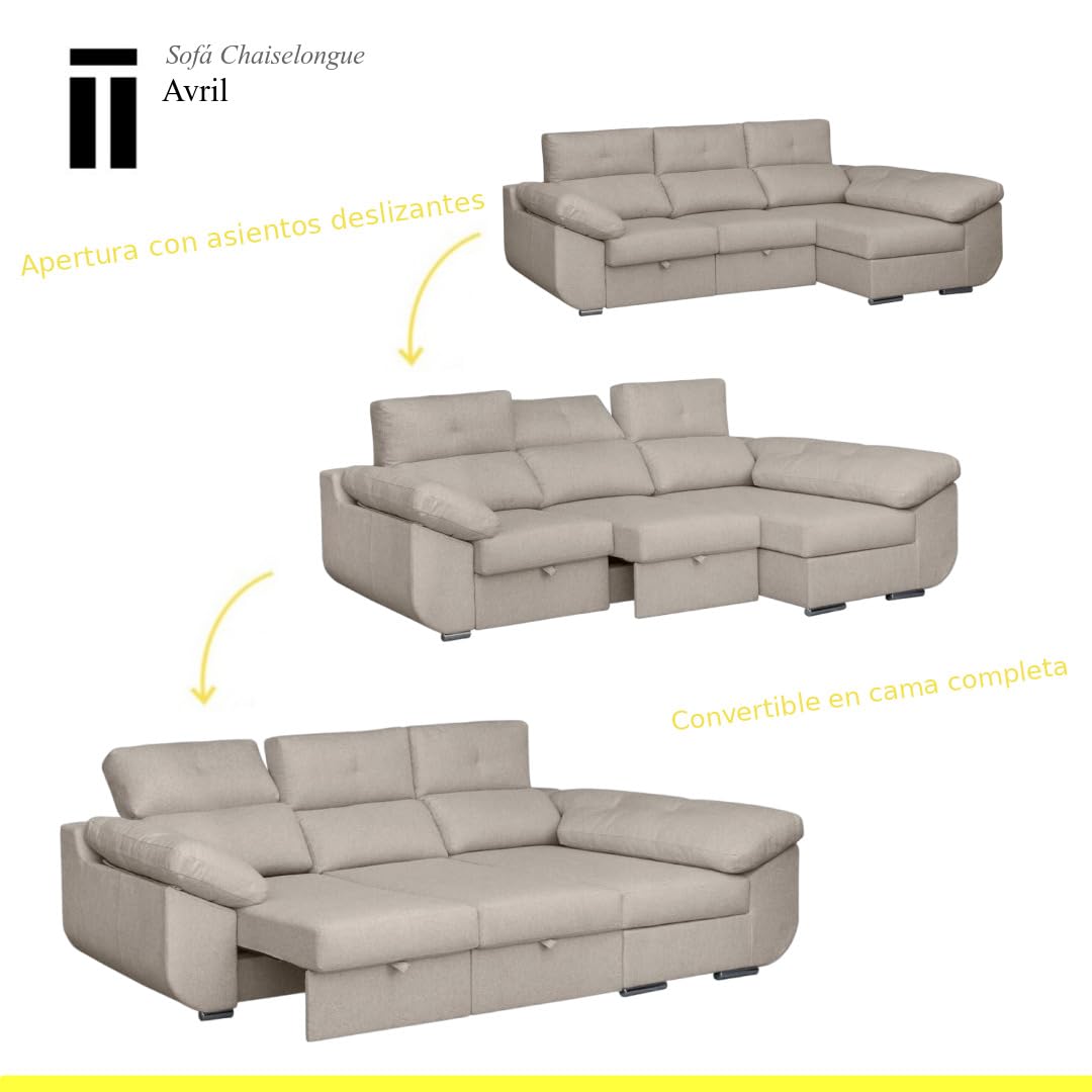 SHIITO | Modelo Avril - Sofá 3 Plazas Derecha con Chaiselongue y Asientos Deslizantes | Diseño Moderno y Sofisticado | 280 x 150 x 100 cm - Color Marfil