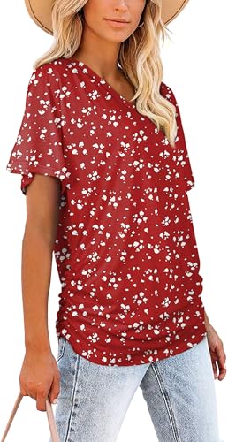 Image of WIHOLL Womens Summer T-Shirts Short Sleeve V Neck Dolman Tops with Side Shirring Loose Fit Shirts Spring Fashion