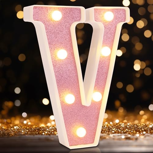Image of Small Led Marquee Letters, Light Up Letters, 8.58 Inch Led Letter Lights, Battery Powered Lighted Sign for Table, Party, Birthday, Christmas Decor (Pink Glitter, Letter V)