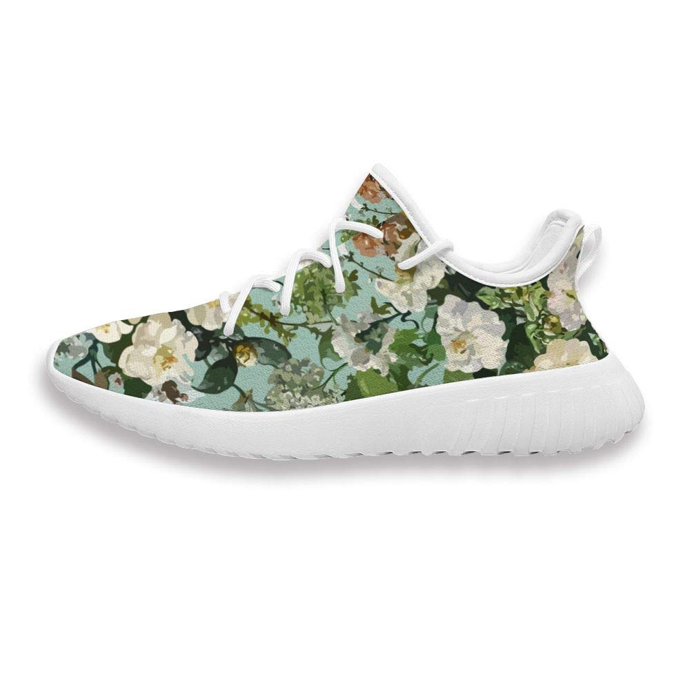 Funny Printing White Flower in Green Lace Up Shoes Fashion Lightweight Athletic Walking Running Shoes for Men