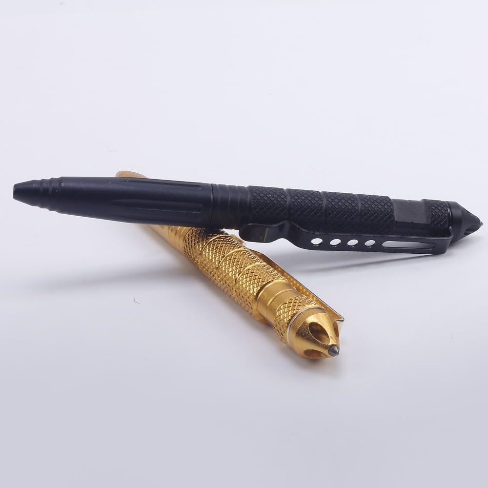 Lot de 2 stylos tactiques multifonctions avec tête en acier tungstène - Outil EDC - Cadeau pour homme (argenté + noir)