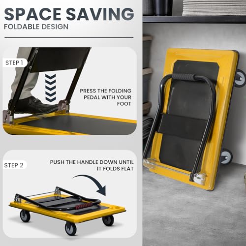 Image of Robustt 400 Kg Heavy-Duty Metal Foldable Platform Trolley (Yellow) | Hand Truck with 360 Rotating Wheels & Cushioned Grip | Material Handling Cart for Home, Office, Warehouse & Industrial Use