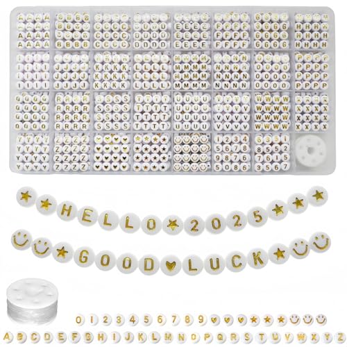 Lnvision 1350 Perlas Redondas de Acrílico con Letras del Alfabeto Doradas, 7 x 4 mm, Espaciadoras para Joyas, Manualidades de la A a la Z y Corazón de Amor