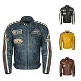 Generico Blouson moto homme en cuir d'agneau - Style Café Racer & Custom Harley | Vintage ciré à la main avec protections CE, bleu, L