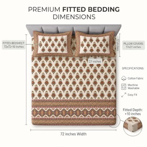 Image of VAS COLLECTIONS 240 TC Premium Double Bed Fitted Bedsheet, Soft Comfortable Stretchable Mattress Sheet with Elastic Fitted Corners, Durable Easy Care, 72 x 72 + 10 Inches (183x183+25 cm) - Light Sand