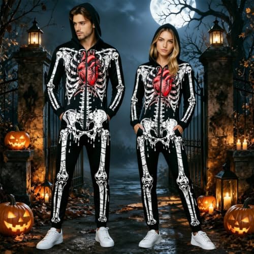 Skeleton Costume Adult Hooded Zip‑Up Jumpsuit Halloween Pajamas Unisex Print Cosplay Outfit For Themed Party - image 2