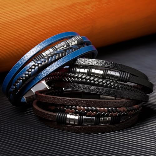Mens Leather Bracelet Multi-Layer Braided Bangle for men Stainless Steel Jewelry Hand Accessories Gift for Men, Brown Black Blue4