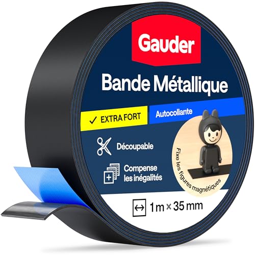 GAUDER Bande métallique autocollante - Ruban magnétique pour aimants et figurines Tonie® & étagères - Bande Ferro & ruban ferreux pour bricolage et organisation (1 m x 35 mm - noir)