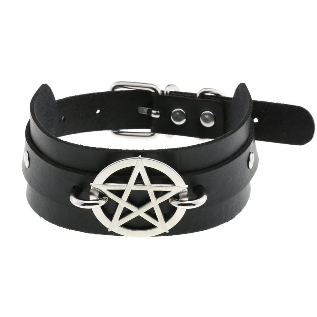 FM FM42 Multicolor PU Simulated Leather Silvert-tone Pentacle Star 4.4cm Wide Adjustable Collar Choker Necklace, Faux Leather, No Gemstone