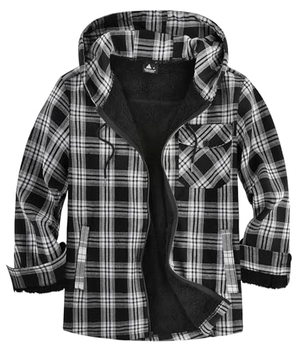 JACKETOWN Holzfällerjacke Herren Gefüttert Hemdjacke Herren mit Kapuze Kariertes Jacke Männer Reißverschluss Flanelljacke Sherpa Jacke Trekking Winterjacke Thermohemd Outdoor(Weiß Schwarz XL)