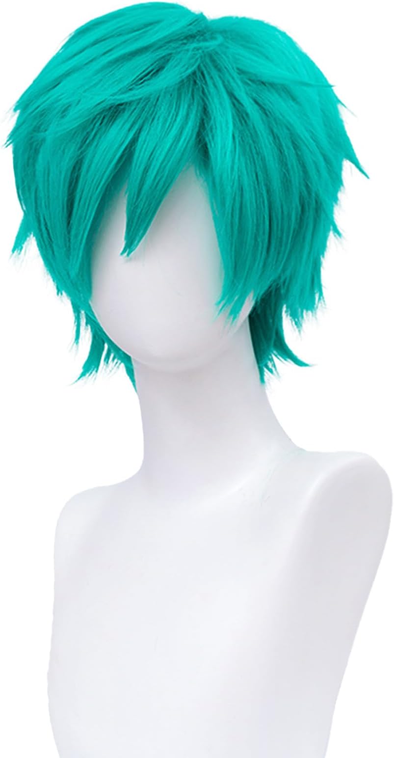 Alacos Short Fashion Spiky Layered Anime Cosplay Wig Teal Green Wig Unisex Basic New Cosplayer Male Costume Wigs+Wig Cap (Teal Green)