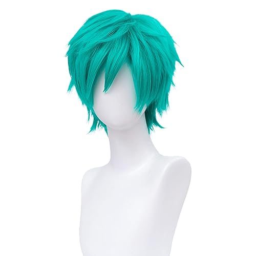Alacos Peluca corta de moda con puntas de anime y cosplay, unisex, básica, para disfraz masculino y gorra de peluca (verde azulado)