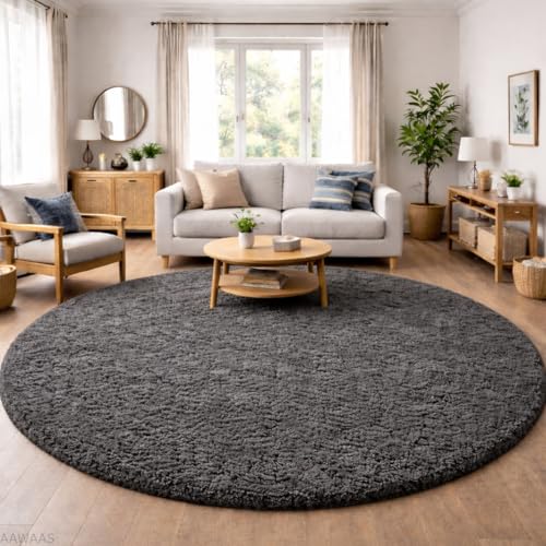 Image of Premium Polyester Shaggy Round Rug - Ultra Soft Fluffy Circle Carpet for Bedroom, Living Room, Kids Room, Anti-Skid Plush Floor Rug - (Dark Grey, 8 feet|240cm)