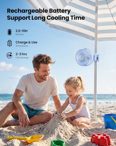 Image of Gaiatop Portable Clip on Fan Battery Operated, Small Powerful 3 Speed Quiet 360 Rotate, USB Rechargeable Mini Personal Cooling Fan for Desk Table Home Office Stroller Camping Women Gifts Light Blue