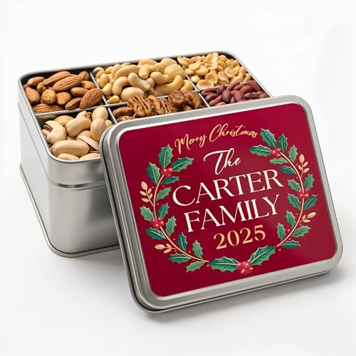 Personalized Nuts Gift Basket, Custom Assorted Nuts Gift Box for Christmas, 6 Sectional Gourmet Mixed Nuts in Rectangle Tin, 2 lbs. (Design 3)