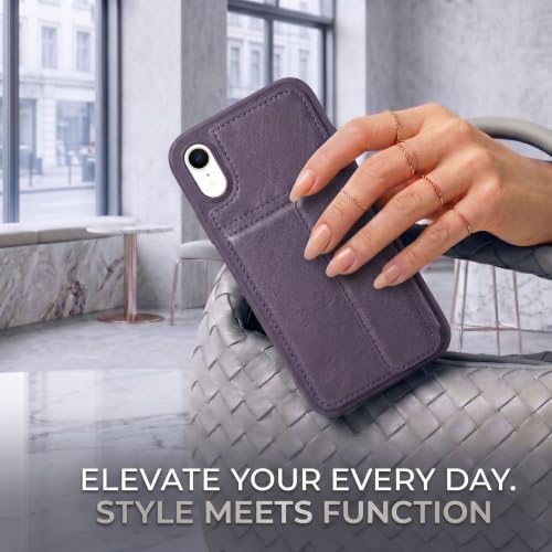 Image of amazon basics Luxury Vegan Leather Back Cover for iPhone XR | Built-in Card Holder Slot | Integrated Mobile Stand | Slim Shockproof Protective Case with Stitched Finish - Purple