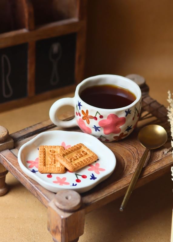 Image of WEAVING HOMES Handcrafted CeramicBloom Mug & Bloom Dessert Plate (Set of 2, Multicolor) - Coffee Mugs and Dessert Plates for Birthday Gifts, Mugs for Office and Travel
