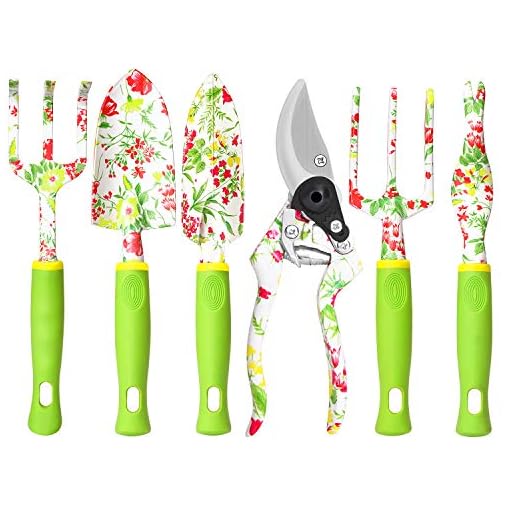 Garden Tool Set, 6 PCS Heavy Duty Aluminum Gardening Hand Tools Kit, Floral Print Gardening Tool Set, Gardening Gifts for Women with Pruning Shears Weeder Hand Rake Shovel Transplanter Cultivator