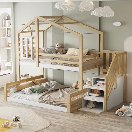 LAKFEW Litera 90(140)x200 cm con Escalera Almacenaje y Diseño de Techo, Cama Infantil para 2 Niños, Cama Litera Matrimonio con Barandilla Anticaída y Ventana, Literas Infantiles, Natural, Sin Colchón