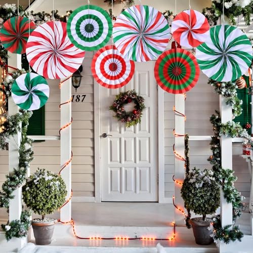 Image of Christmas Hanging Honeycomb Round Colorful Candy Paper Fans Decoration Winter Theme Tissue Paper Fan Garland for Shower Birthday Graduation Wedding Party Supplies 9 Count