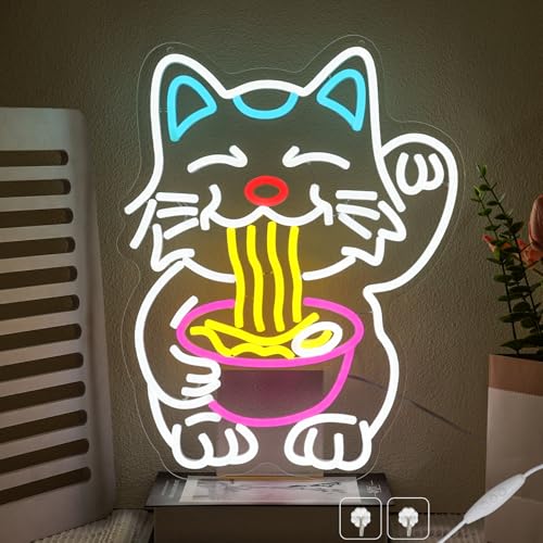 Image of Fortune Cat Ramen Neon Sign for Wall Decor, Dimmable Lucky Cat Neon Light, Japanese Noodles Led Signs for Restaurant, Kitchen, Home, Pub, Dinning Room
