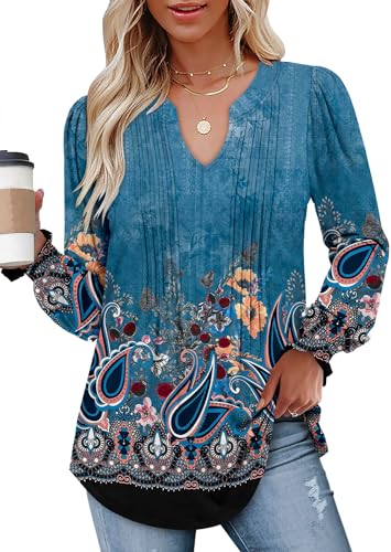 BETTE BOUTIK Long Sleeve Shirts for Women Fall Tops Dressy Blouses Pleated V Neck Tunic Tops for Leggings S-3XL