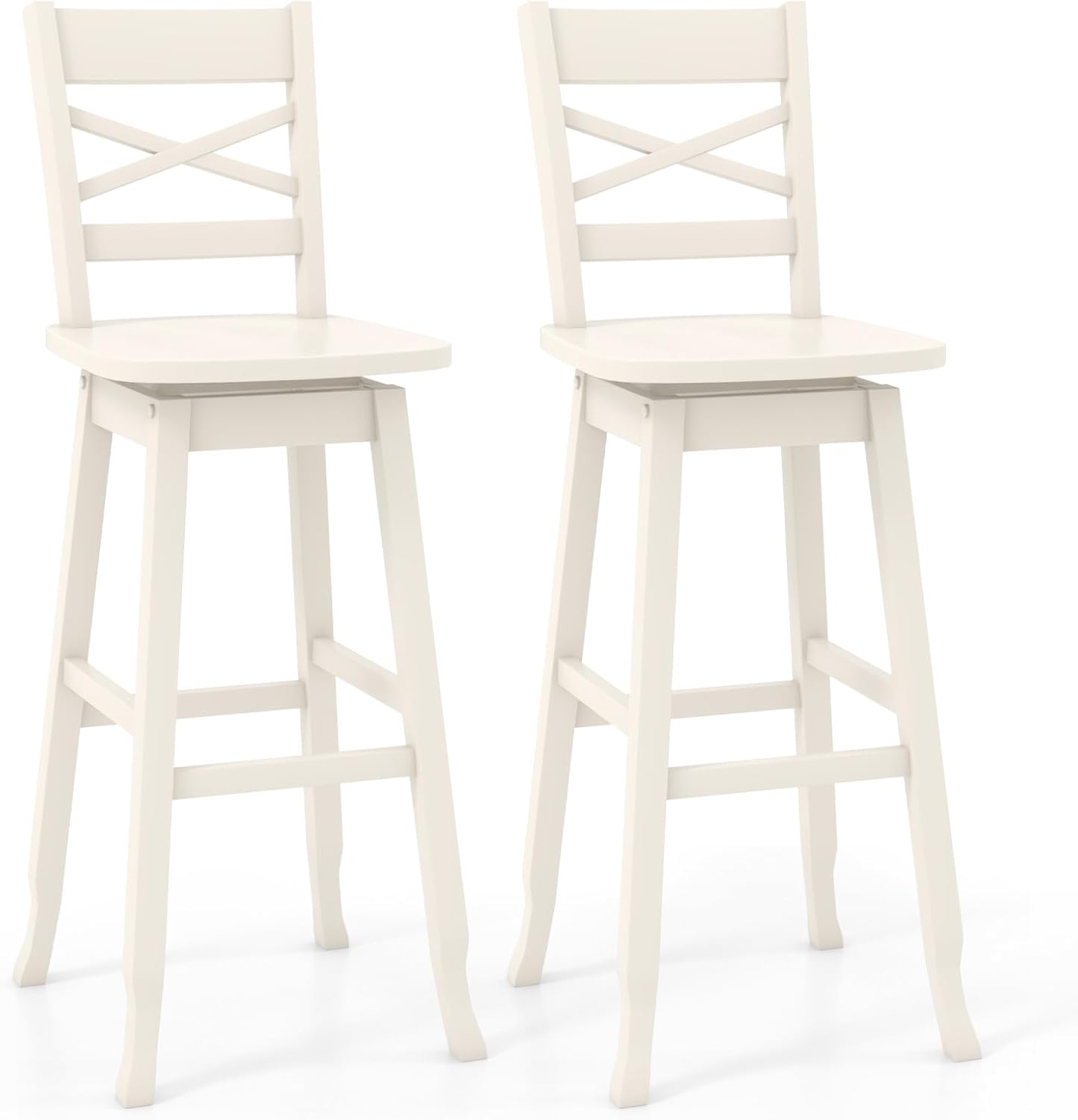 COSTWAY 30-Inch Bar Height Stool Set of 2, Rubber Wood Swivel Bar Stool with Inclined Backrest, Curved Seat & Footrest, Bar Chair for Kitchen Island & Pub (2, Cream)