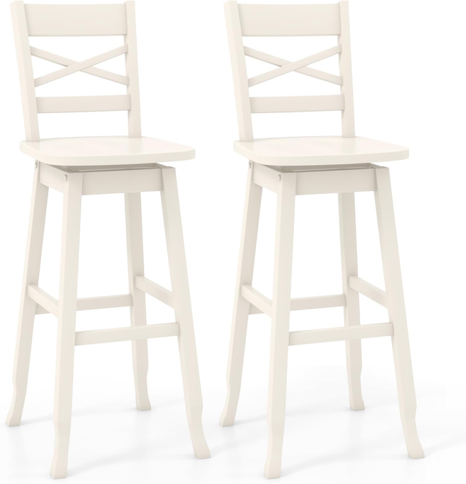 30-Inch Bar Height Stool Set of 2, Rubber Wood Swivel Bar Stool with Inclined Backrest, Curved Seat & Footrest, Bar Chair for Kitchen Island & Pub (2, Cream)