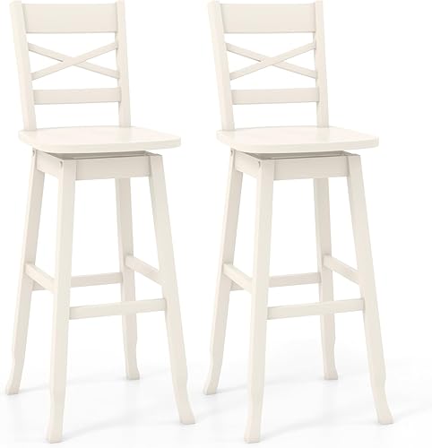 COSTWAY Juego de 2 taburetes de barra de 30 pulgadas, taburete giratorio de madera de goma con respaldo inclinado, asiento curvado y reposapiés, COSTWAY Juego de 2 taburetes de barra de 30 pulgadas, taburete giratorio de madera de goma con respaldo inclinado, asiento curvado y reposapiés,