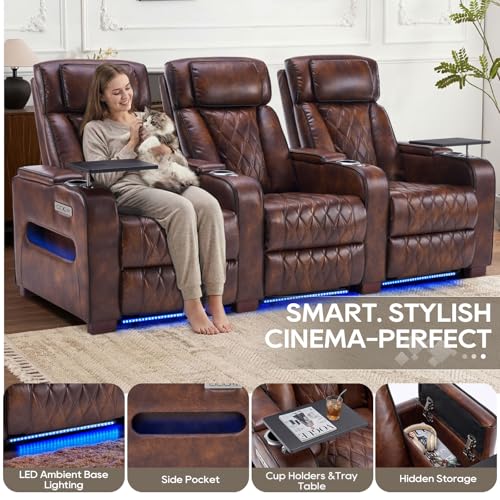 Image of Luxury Home Theater Seating - Power Recliner with Adjustable Headrests, Blue LED Ambient Lighting, Tray Table, USB & Type-C Charging (Light Brown,2 Seat)