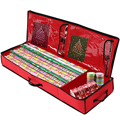 Wrapping Paper Storage Container Wrapping Container Bag with Two Interior Pockets Heavy Duty Underbed Gift Wrap Organizer Fits for Holiday Accessories Ornaments(red)