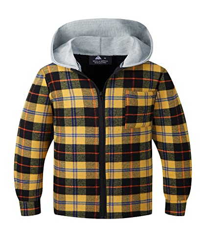 V VALANCH Boys' Full-Zip Fleece Sweatshirts, Flannel Plaid Shirt Jacket, Kids Youth Full Zip Hooded Sweatshirt(Yellow,M)2