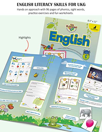 Image of Woodsnipe Tiny Blossoms - English C | Phonics Book with STICKERS for UKG | Age 4-6 Years | Learn Vowels and Consonants, Rhyming Words, Vocabulary, Word tracing, Sight words | In line with NEP 2020
