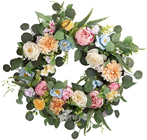 Spring Wreath for Front Door 24 Inch Eucalyptus Wreath, Summer Floral Hydrangea Peony Wreath, Eucalyptus Wreath with Flowers, Farmhouse Wreaths for Outside Window Home Decor
