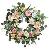Spring Wreath for Front Door 24 Inch Eucalyptus Wreath, Summer Floral Hydrangea Peony Wreath, Eucaly